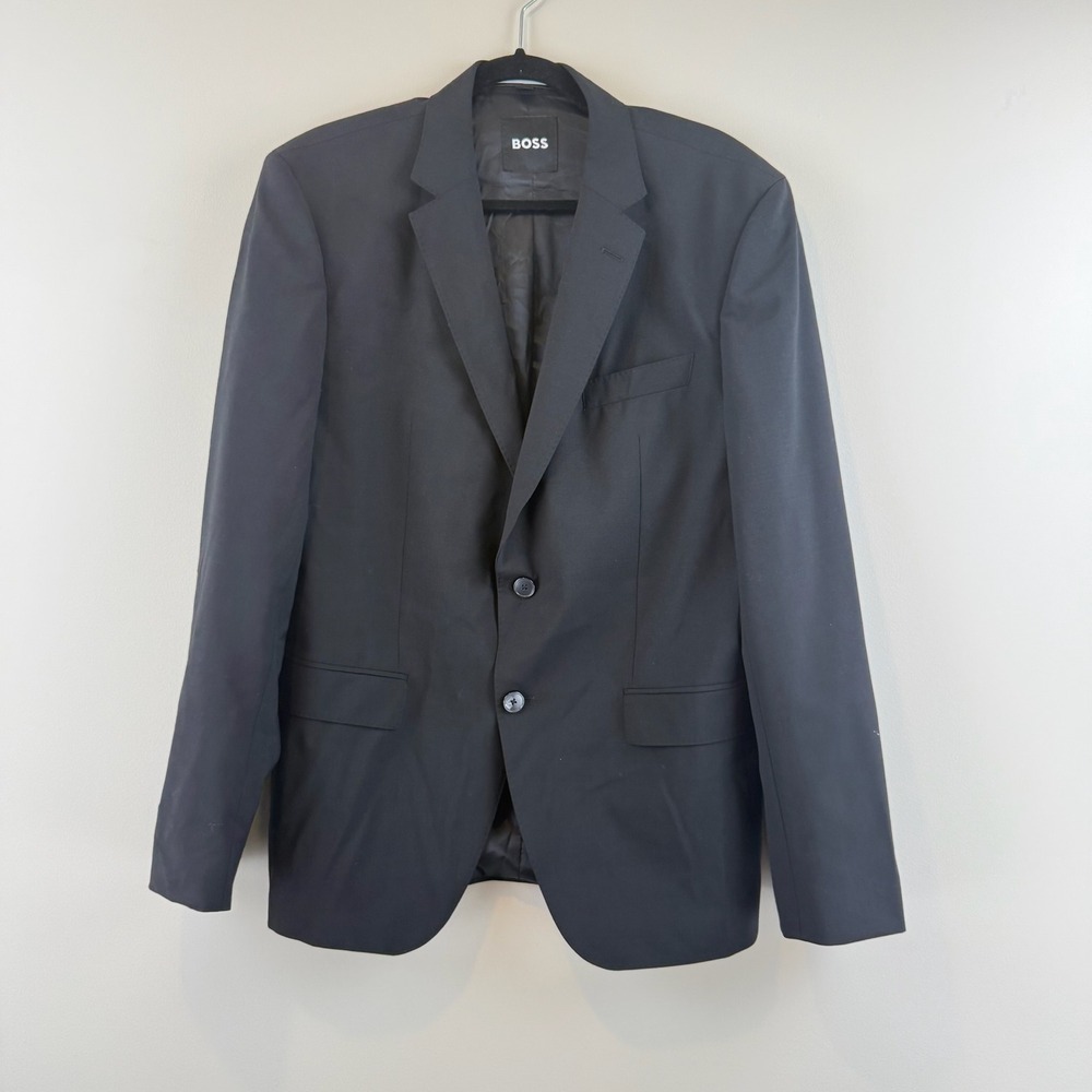 BOSS Blazer Mens 42R Corporate Minimalist Black Two Button Suit Jacket Designer